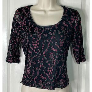 La Belle Floral Top Pink Roses Black Mesh Small 3/4 Sleeve‎ Whimsigoth Fairy y2K